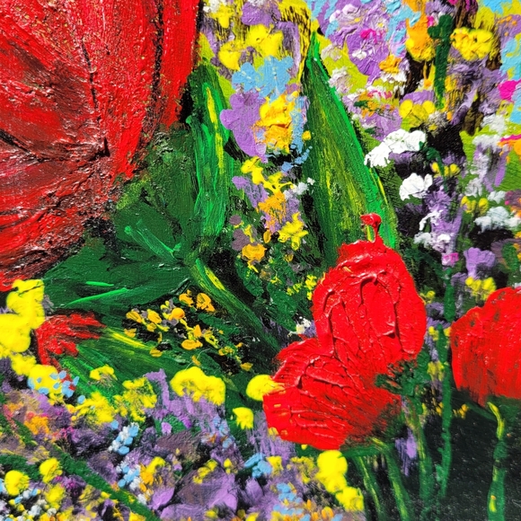 Original Red Poppy Flower Acrylic Painting on Upcycled Square Wood Board - Picture 11 of 13